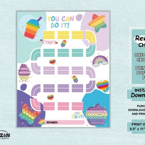 Op de afbeelding: Printbare beloningskaart met een kleurrijk pop-it-ontwerp met een regenboogthema. De kaart bevat een spelbord met vakjes voor stickers of stempels, en de tekst "You Can Do It!" en "You Did It!"