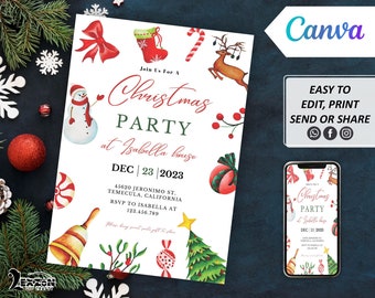 Invitación editable para fiesta de Navidad Plantilla navideña de Canva Invitación digital para fiesta de Navidad Invitación para celebración navideña Invitación de texto para móvil