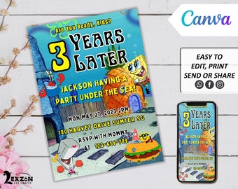 DIY Digital Sponge Party Invitation, Canva Template, Electronic Birthday Invite, All Purpose, Mobile Phone Text Party Email SMS Evite