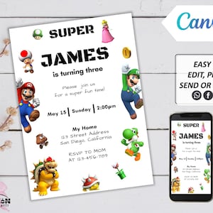 Modelo Canva de convite do Super Mario Super Mario Convite para todos os fins Convite de texto para celular E-mail SMS Evite Super Mario Evite