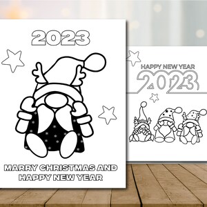 May include: Black and white coloring page featuring a gnome wearing a Santa hat and holding a gift bag. The gnome is surrounded by stars and the text "2023" and "Merry Christmas and Happy New Year".