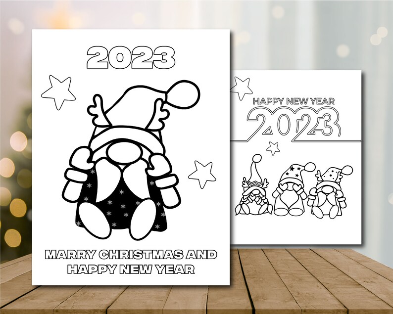 May include: Black and white coloring page featuring a gnome wearing a Santa hat and holding a gift bag. The gnome is surrounded by stars and the text "2023" and "Merry Christmas and Happy New Year".