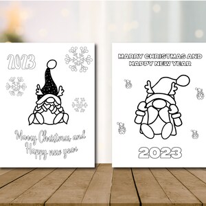 May include: Two black and white printable coloring pages featuring a gnome with a hat and the text "Merry Christmas and Happy New Year" and "2023".