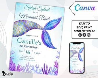 Under The Sea Birthday Invitation Template, Ocean Animals Party Invite template, Instant Download Ocean Animals Girls Under the Sea Invite