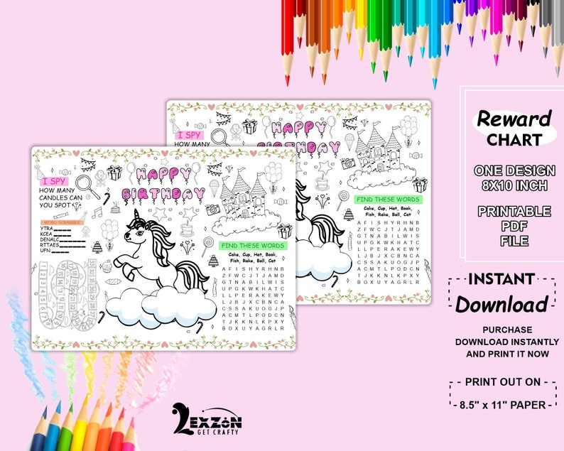Unicorn Birthday Coloring Placemat | Printable Party Coloring Page ...