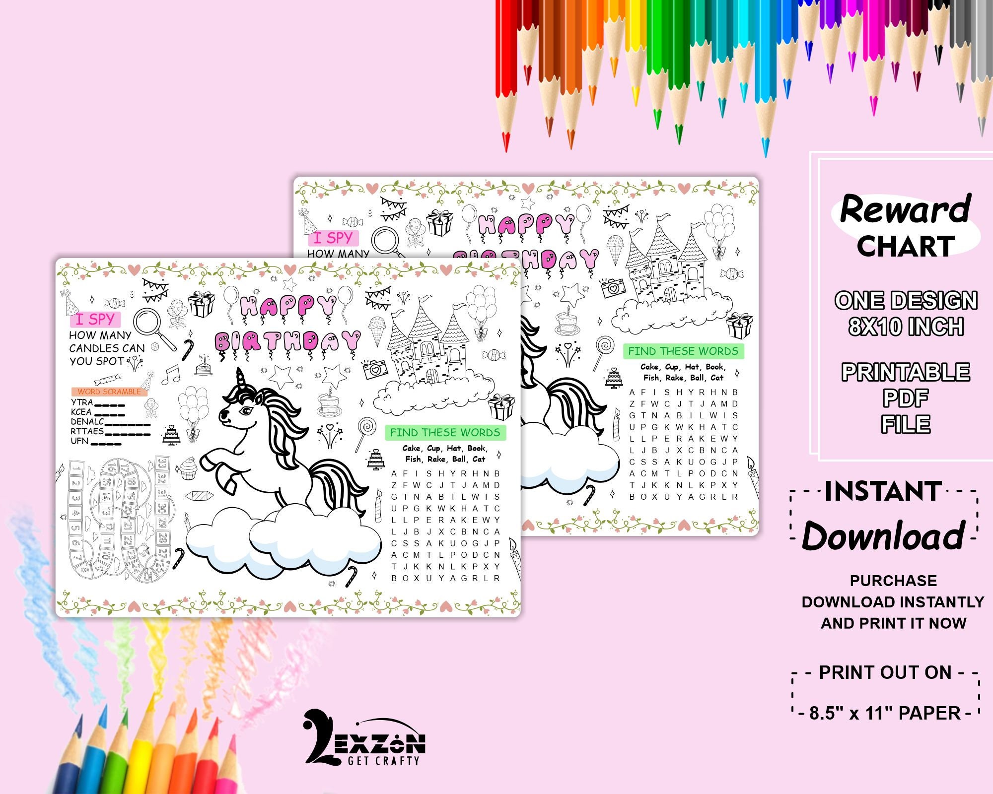 Unicorn Birthday Coloring Placemat Printable Party Coloring - Etsy