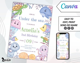 Under The Sea Birthday Invitation Template, Ocean Animals Party Invite template, Instant Download Ocean Animals Girls Under the Sea Invite