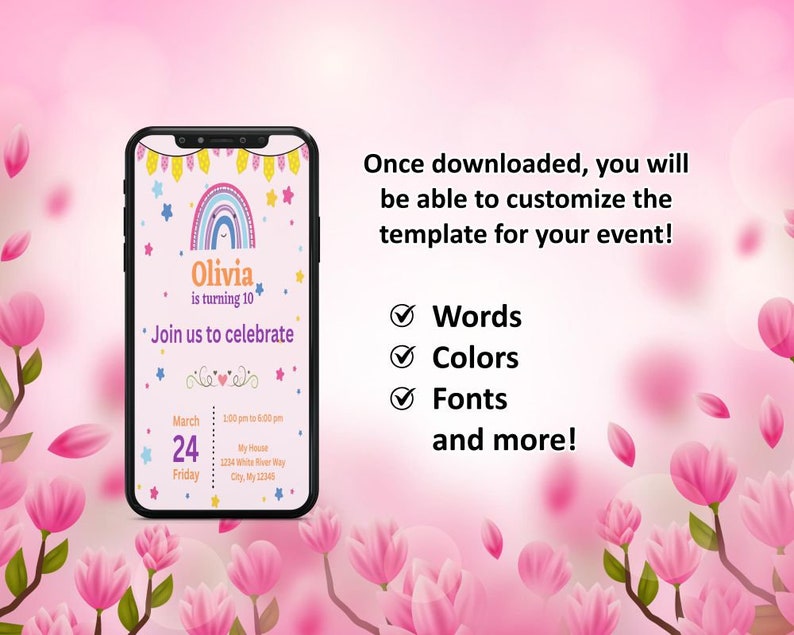 DIY Digital Rainbow Party Invitation, Canva Template, Electronic