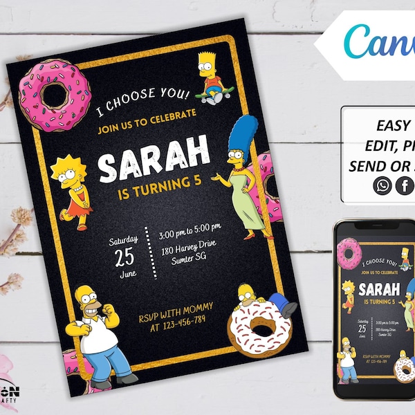 L'invitation d'anniversaire des Simpsons, Canva Template, Simpsons Invite, Mobile Phone Text invitation Email SMS Evite, Simpsons Evite