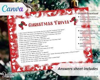 Juego de trivia navideña, juegos de fiesta navideña, juegos de celebración de temporada festiva, plantilla de trivia imprimible Juegos imprimibles navideños para todos