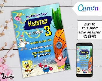 DIY Digital Sponge Party Invitation, Canva Template, Electronic Birthday Invite, All Purpose, Mobile Phone Text Party Email SMS Evite