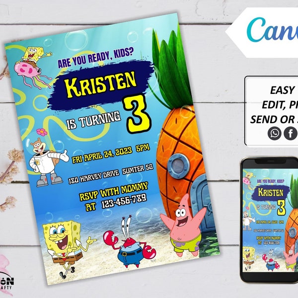 DIY Digital Sponge Party Invitation, Canva Template, Electronic Birthday Invite, All Purpose, Mobile Phone Text Party Email SMS Evite