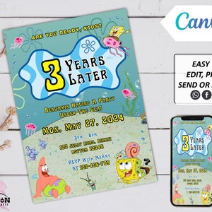 Faire-part de fête numérique bricolage Bob l'éponge, faire-part d'anniversaire, faire-part imprimable avec une éponge, modèle d'invitation, modèle de toile, téléchargement immédiat.