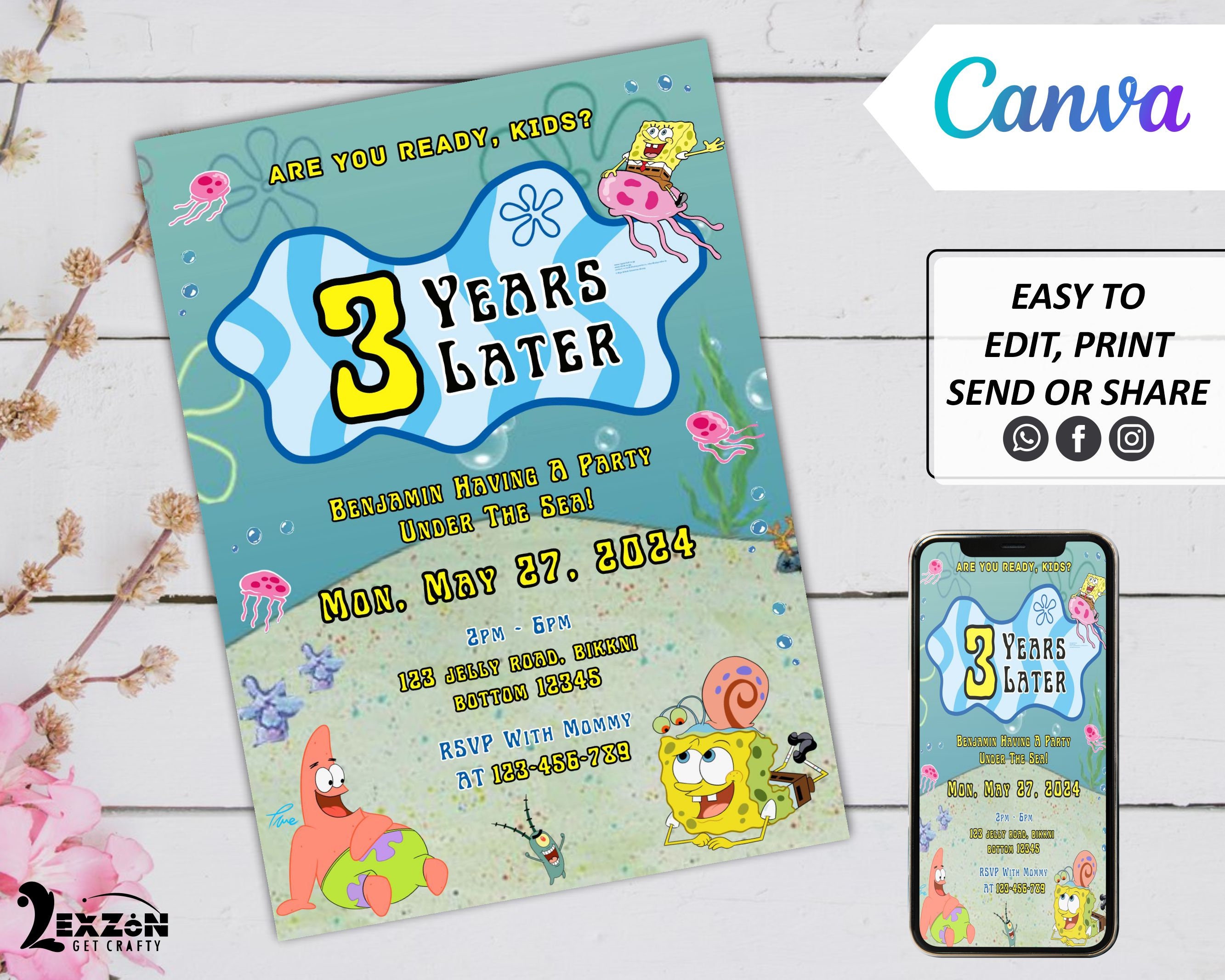 DIY Digital SpongeBob Party invitation, Birthday Invitation, Printable Sponge Invite, Invitation Template, Canva Template, Instant Download.