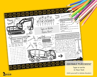 Mantel de fiesta de construcción / Página para colorear de cumpleaños de camiones y tractores imprimibles / Actividad de fiesta / Tapete de mesa / Juegos de fiesta de constructores