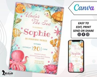 Under The Sea Birthday Invitation Template,Ocean Animals Party Invite template,  Instant Download Ocean Animals Girls Under the Sea Invite