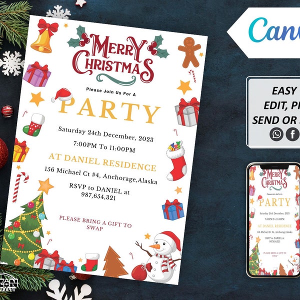 DIY Digital Christmas Party Invitation, Editable Christmas Canva Template, Festival Party Invite, All Purpose, Mobile Phone Text Xmas Party