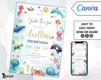 Modèle d'Invitation d'anniversaire sous la mer, modèle d'invitation modifiable de fête de l'océan, téléchargement immédiat filles animaux de l'océan sous la mer inviter