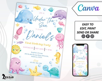 Under The Sea Birthday Invitation Template, Ocean Animals Party Invite template, Instant Download Ocean Animals Girls Under the Sea Invite