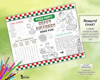 Set de table Pizza Party | Coloriage Pizza Party à imprimer | Activité d'anniversaire de pizza | Set de table pizzeria | Jeux de pizza imprimables