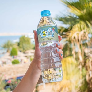 Peut inclure: Une bouteille d'eau en plastique transparente avec une &eacute;tiquette bleue et jaune qui dit "3 Years Later". L'&eacute;tiquette a un design de dessin anim&eacute; avec une &eacute;toile de mer, une coquille et un crabe.