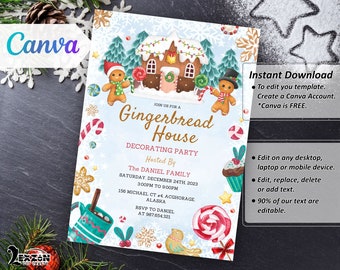 Editable Christmas Gingerbread House Decorating Party Invitation Pink Party Invite Festive Season Cookies Printable Instant Download