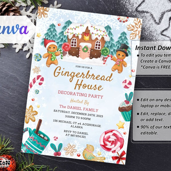 Editable Christmas Gingerbread House Decorating Party Invitation Pink Party Invite Festive Season Cookies Printable Instant Download