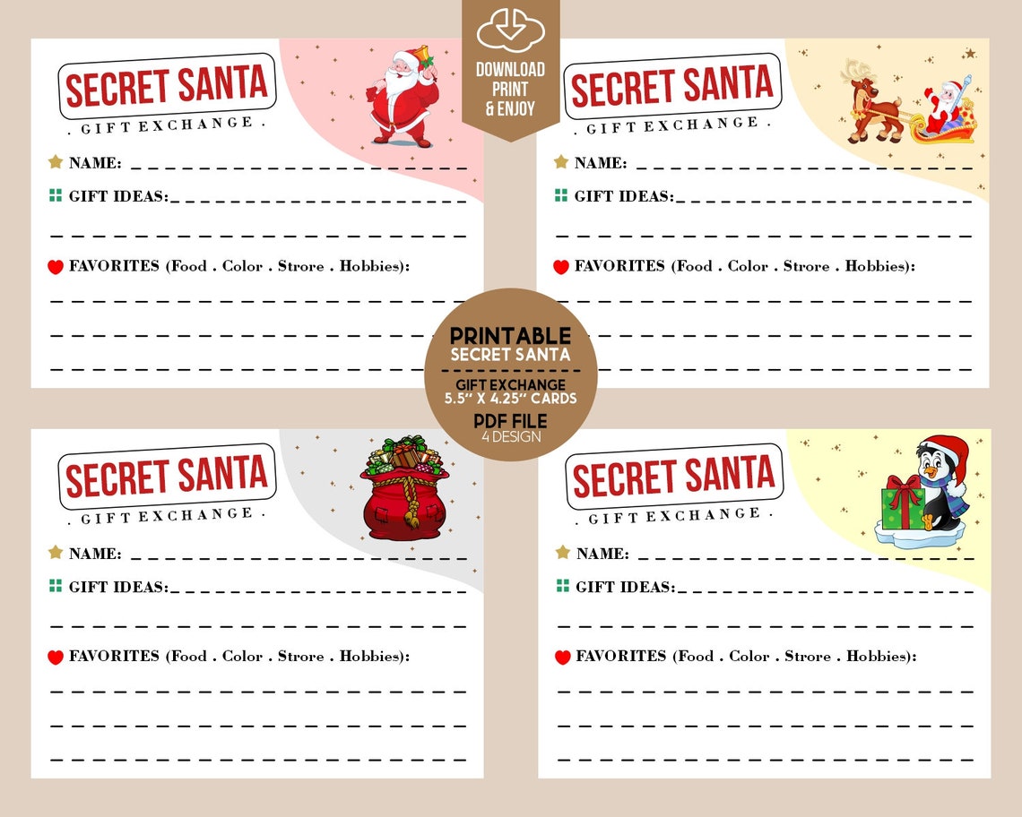 SECRET SANTA Gift Exchange Cards | PRINTABLE Christmas Gift List for ...