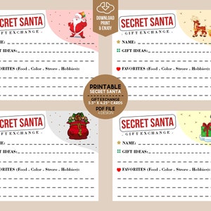 SECRET SANTA Umtausch-Geschenkkarten | DRUCKBARE Weihnachtsgeschenkliste für Mitarbeiter | Lustiger Wichtel Party Fragebogen | Geschenk Form Vorlagen