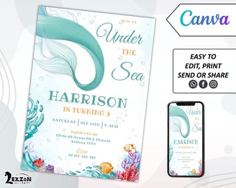 Under The Sea Birthday Invitation Template, Ocean Animals Party Invite template, Instant Download Ocean Animals Girls Under the Sea Invite