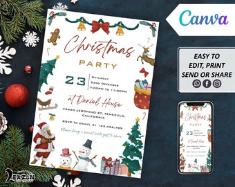 Invitación a fiesta de Navidad digital DIY, plantilla editable de Canva de Navidad, invitación a fiesta de festival, todo propósito, fiesta de Navidad con texto de teléfono móvil