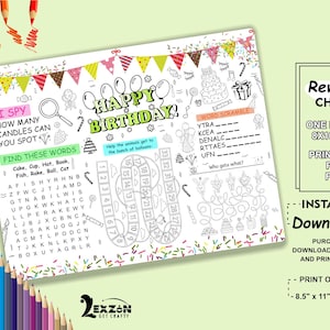 May include: Printable 8x10 inch Happy Birthday reward chart with a maze, word search, word scramble, and I Spy game. The chart is decorated with colorful confetti and balloons.