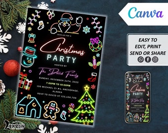 Invitación a fiesta de Navidad digital DIY, plantilla editable de Canva de Navidad, invitación a fiesta de festival, todo propósito, fiesta de Navidad con texto de teléfono móvil