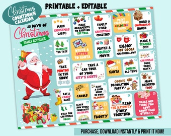 Editable 25 days of Christmas Countdown Calendar of Fun Family Activities | Advent Calendar for kids | Printable Christmas Bucket List