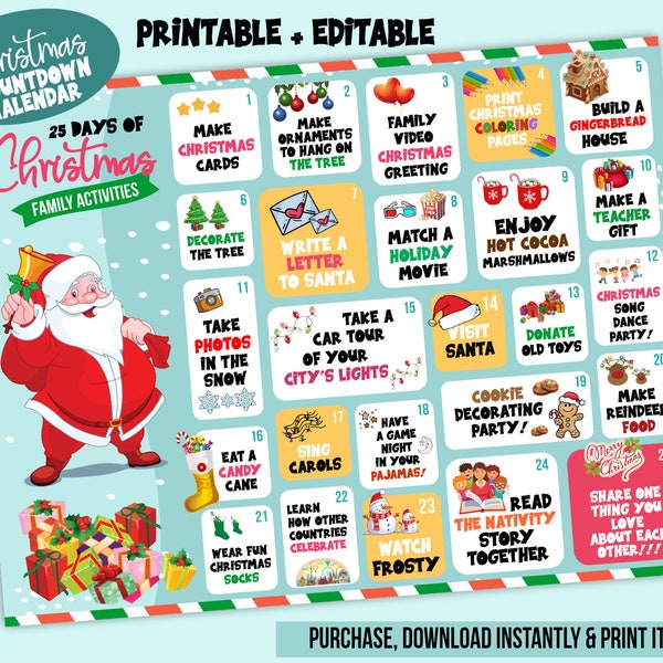 Editable 25 days of Christmas Countdown Calendar of Fun Family Activities | Advent Calendar for kids | Printable Christmas Bucket List