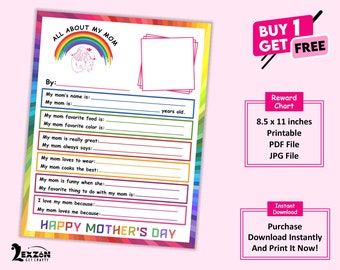 Mother's Day Card, printable about my Mom Mother's Day Mom Printable,  All About Mom Printable, Mother's Day Gift, Printable Card