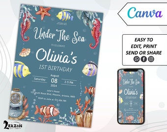 May include: Under the Sea themed first birthday party invitation with a blue background, colorful fish, a starfish, a seahorse, and a diving helmet. The invitation includes the text "Join us Under The Sea to celebrate Olivia's 1st Birthday" with the date and time of the party.