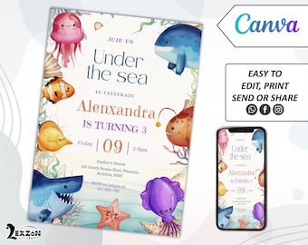 Under The Sea Birthday Invitation Template, Ocean Animals Party Invite template, Instant Download Ocean Animals Girls Under the Sea Invite