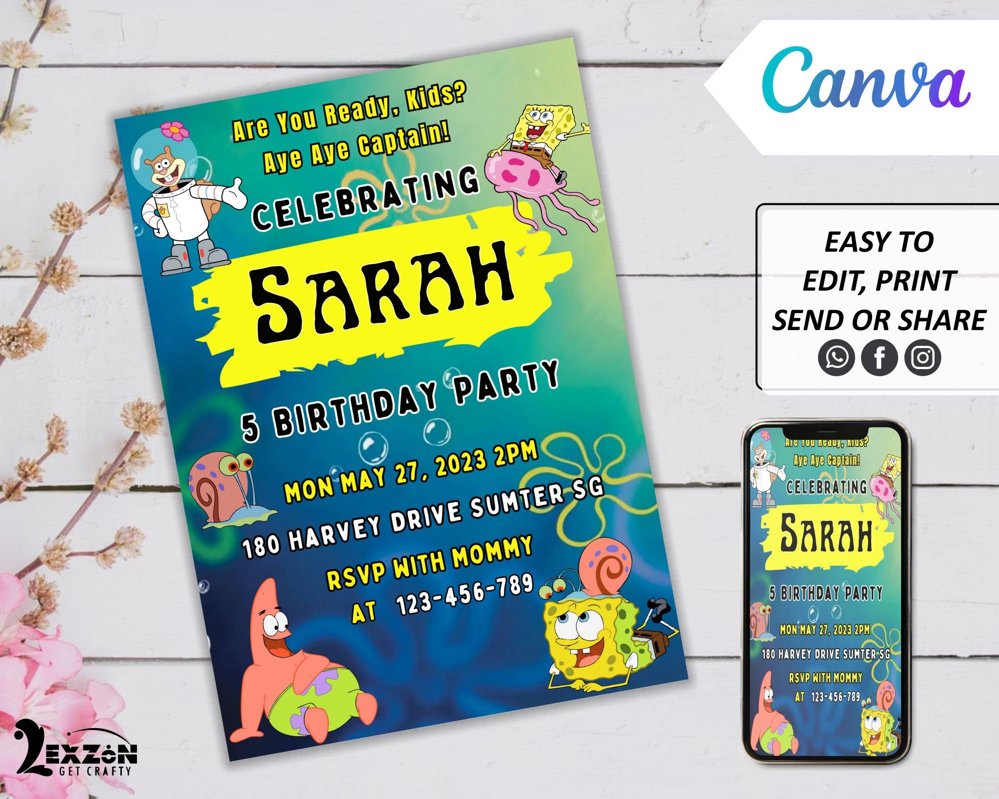 DIY Digital Sponge Party Invitation, Canva Template, Electronic