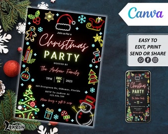 Plantilla de invitación para fiesta de Navidad, invitación navideña editable en Canva, invitación digital para fiesta de Navidad, invitación para fiesta navideña, invitación por mensaje de texto para móvil.