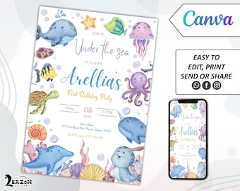 Under The Sea Birthday Invitation Template,Editable Ocean Animals Invite template, Instant Download Ocean Animals Girls Under the Sea Invite