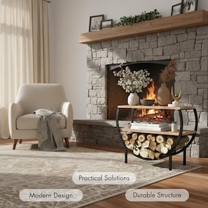 Könnte beinhalten: Eine Wohnzimmerszene mit einem Kamin aus Stein und einem Holzkamin. Vor dem Kamin befindet sich ein Holzhalter aus schwarzem Metall und Holz. Der Holzhalter hat zwei Regale und ist mit Brennholz gefüllt. Der Raum umfasst auch einen beigen Sessel und einen gemusterten Teppich.