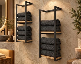 Modern Wall Mounted Towel Rack with Wood Shelves, Vertical Bathroom Organizer