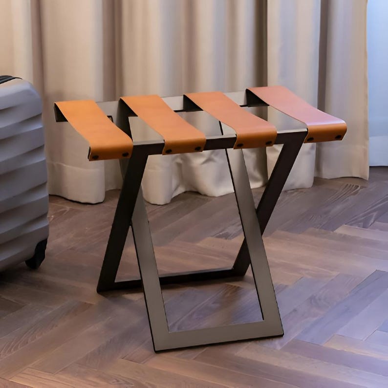Modern Foldable Luggage Rack, Metal Suitcase Holder With Leather Straps