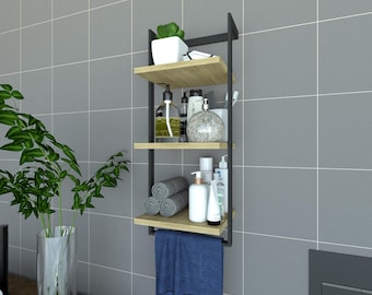 Estante de baño de pared con toallero, organizador flotante moderno para artículos de tocador y toallas.
