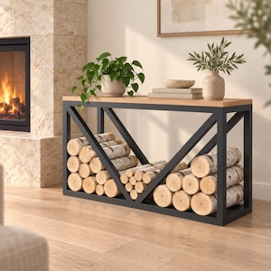 Peut inclure: Une console rectangulaire avec un plateau en bois clair et une structure en métal noir dotée de traverses diagonales. La partie inférieure est remplie de bûches de bouleau empilées. Une plante, un bol en céramique et deux livres sont posés dessus.