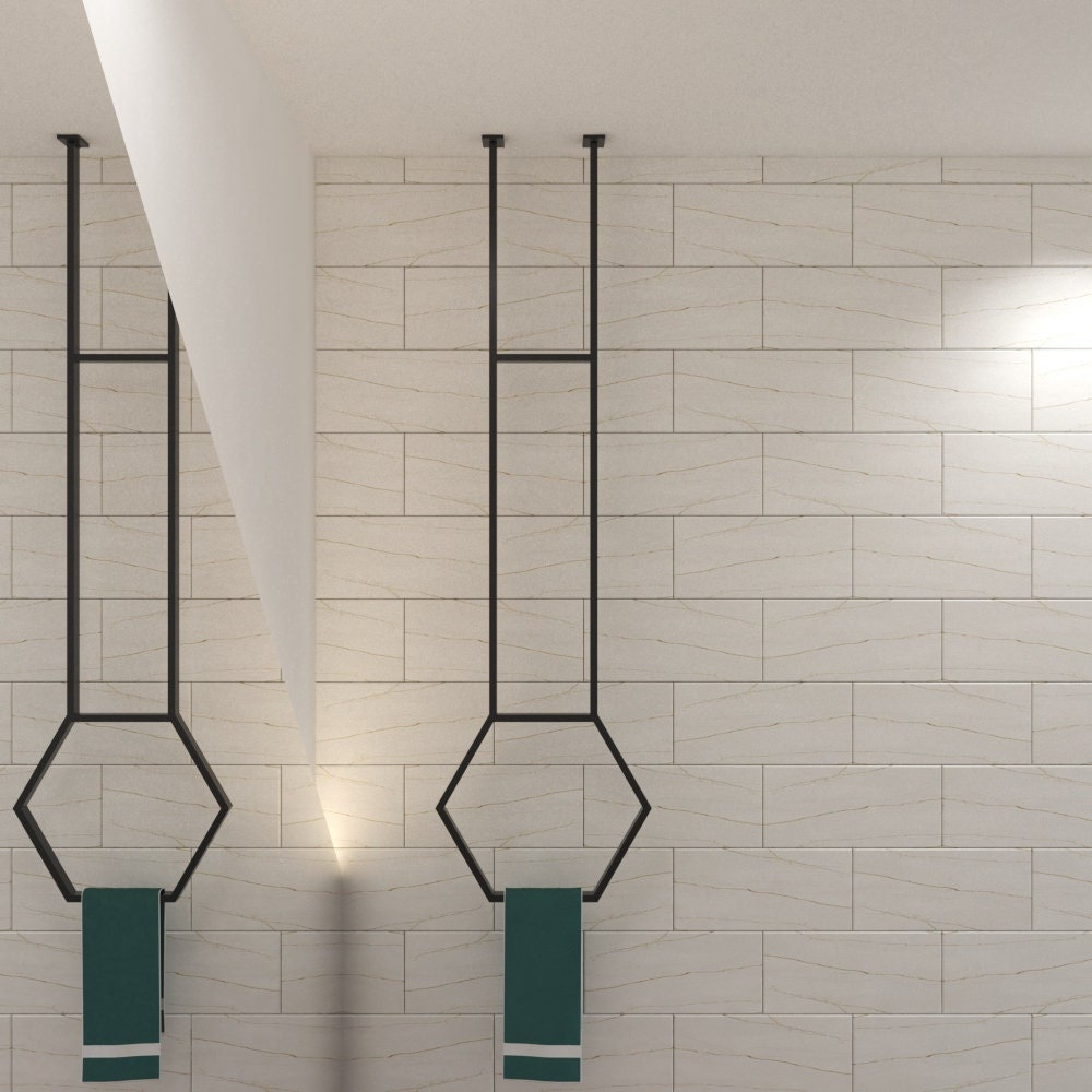 Modern Ceiling-Mounted Double Towel Rack – Stainless Steel, Black Finish, Space-Saving Vertical Design For Bathroom, Kitchen, Laundry