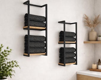 Modern Wall Mounted Towel Rack, Wood & Metal Storage Shelf for Bathroom