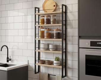 Modern Metal & Wood Wall Mounted Kitchen Shelf, Floating Spice Rack Organizer