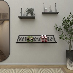 Modern Wall-Mounted Shoe Rack, Metal Entryway Organizer with Welcome Design